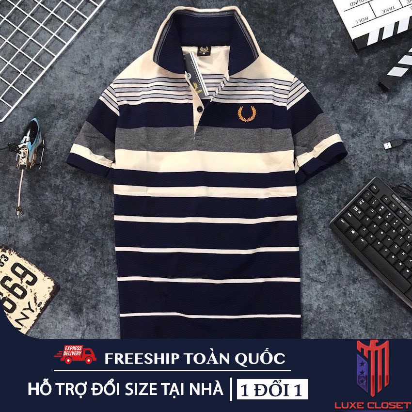 Áo thun nam Havis có cổ logo thêu bông lúa sọc ngang hàng xuất khẩu ASTD030 ( Sọc Kem ) | BigBuy360 - bigbuy360.vn