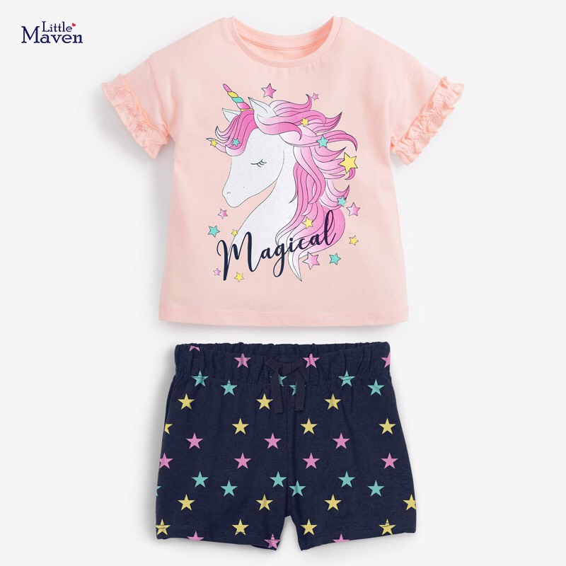 Bộ Cotton Ngắn Tay Bé Gái Little Maven - Hàng Chính Hãng Little Maven