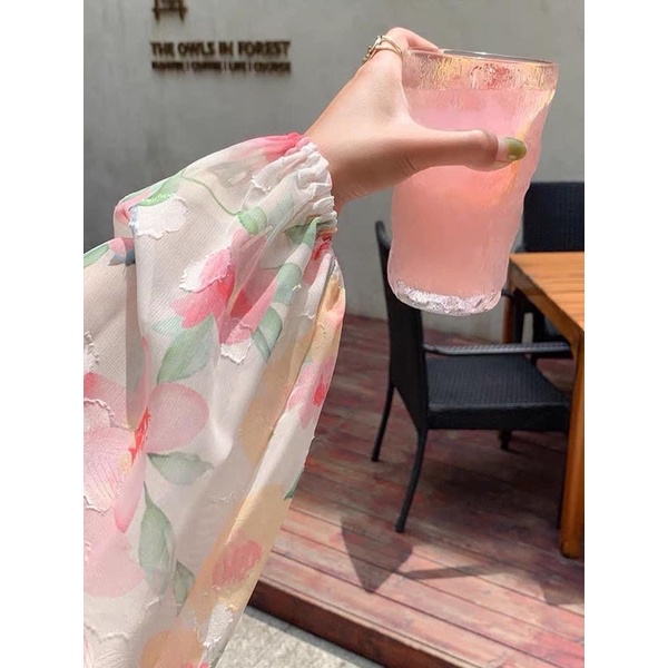 Váy babydoll hoa tơ cổ vuông bèo tay bo