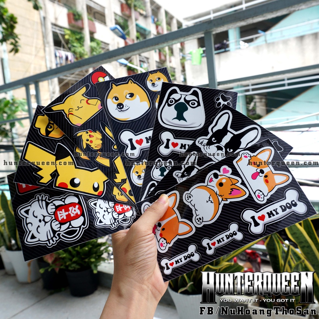 Sticker cute hình dán chó mèo Pikachu dễ thương. Dán điện thoại, laptop, tủ, nón bảo hiểm. Chống nước