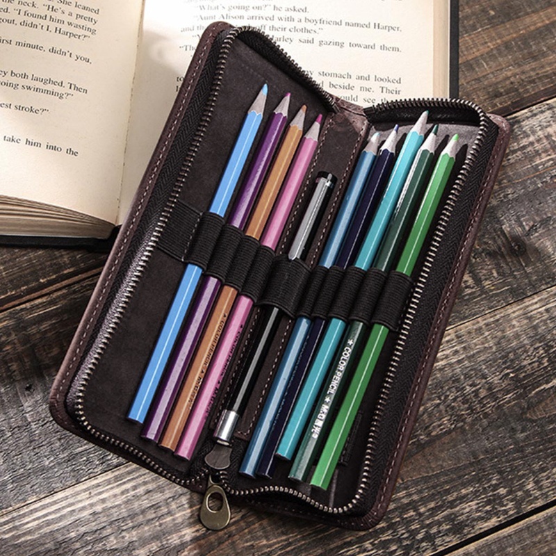 Túi Đựng Bút Bằng Da Bò Thật Handmade Có Khóa Kéo Phong Cách Retro