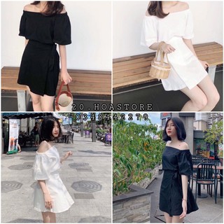 SET ÁO TRỄ VAI KÈM CHÂN VÁY THẮT NƠ TRẮNG ĐEN - CHÂN VÁY ĐẮP CHÉO BUỘC NƠ CHỮ A CẠP CHUN 2 LỚP MIX ÁO TRỄ VAI CỔ VUÔNG