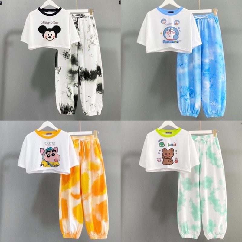 Set áo croptop + quần loang màu ống bo