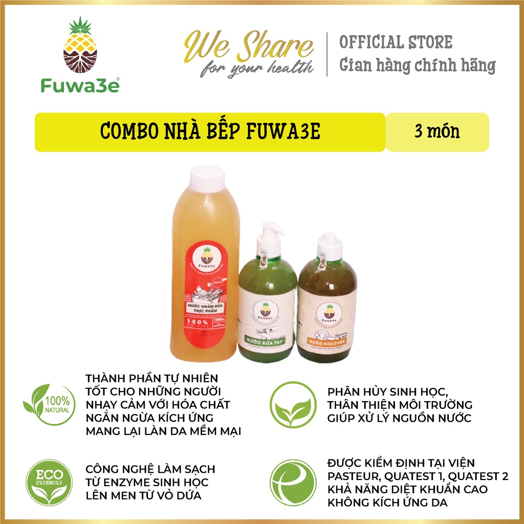 Combo bộ 3 nhà bếp Fuwa3e [nước ngâm rửa thực phẩm & nước rửa chén & nước rửa tay]