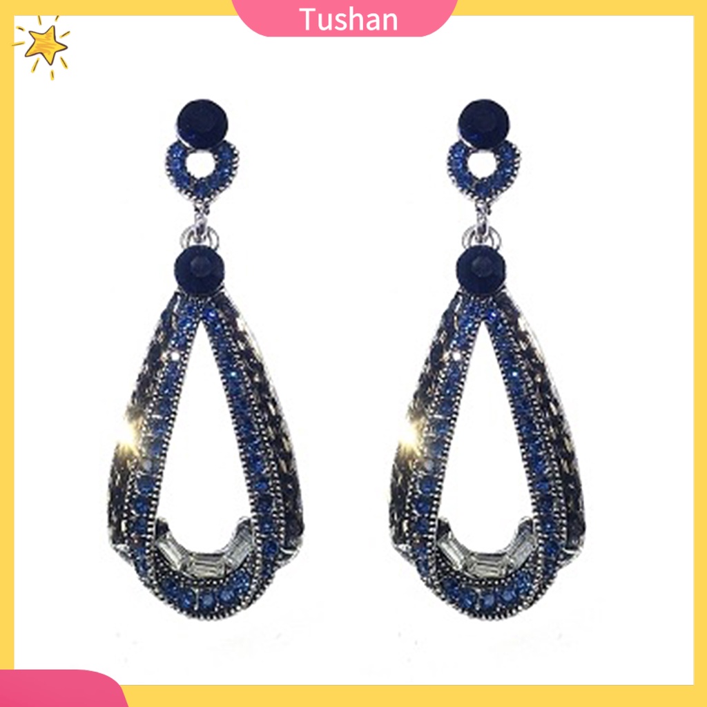 Bông tai dáng dài đính đá xanh dương thời trang dự tiệc cho nữ