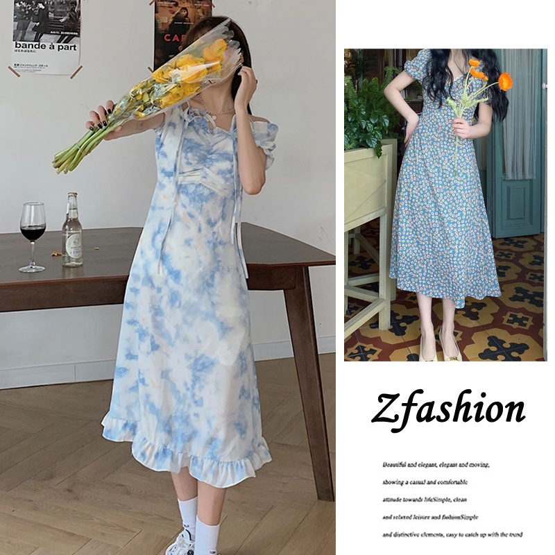 Váy Hoa Chun Eo Tay Phồng Dầm Hoa Nhí Vitage Đầm Dài Tay Ngắn Cổ Vuông In Họa Tiết Hoa Thời Trang Mùa Hè Xinh Xắn Cho Nữ