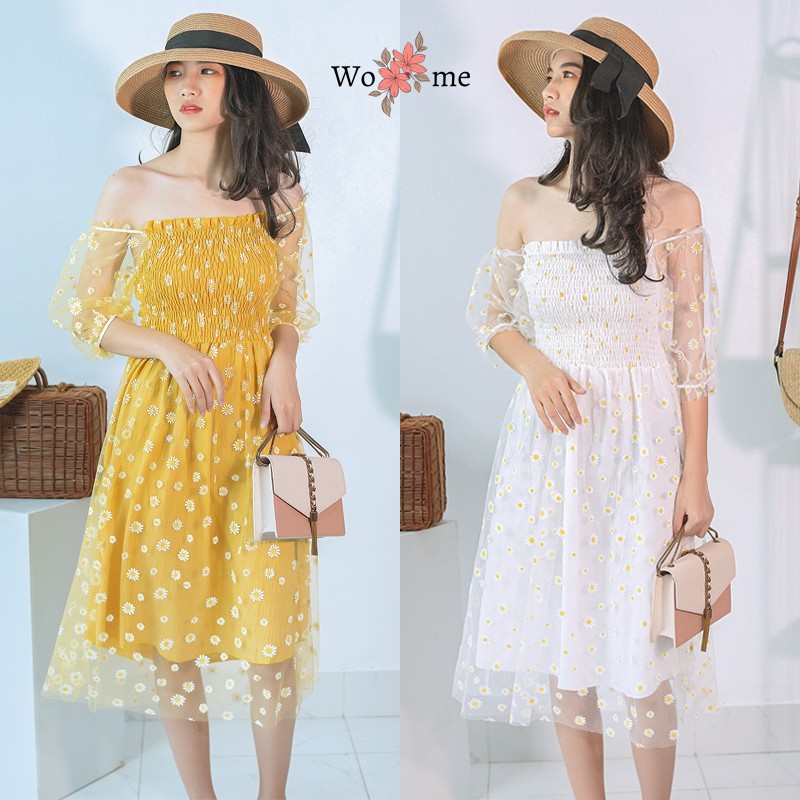 Váy hoa cúc nhí nhún ngực phối ren dáng xòe đi dự tiệc, đi chơi hàng cao cấp VHC