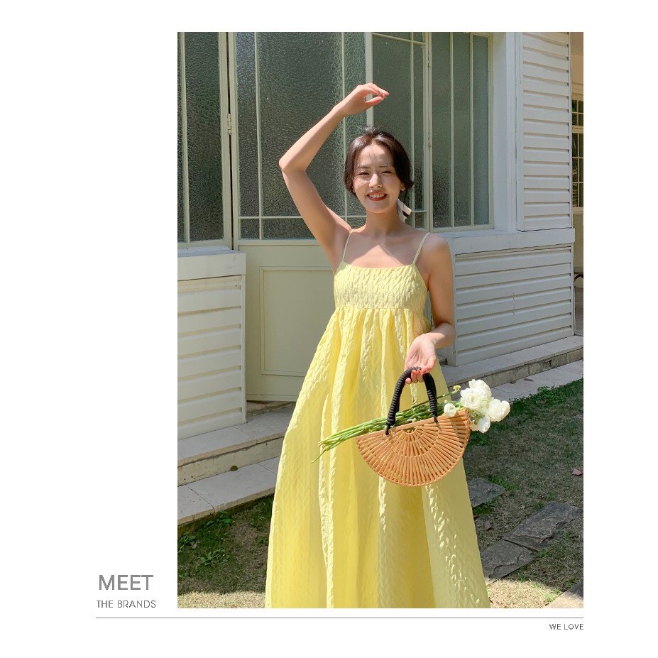 Đầm hai dây dáng xòe màu vàng Korea