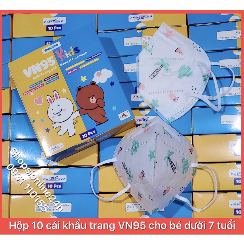 ✅ Hộp 10 cái khẩu trang y tế cho bé VN95 , N95 Famapro Nam Anh chính hãng họa tiết cây xương rồng , dừa