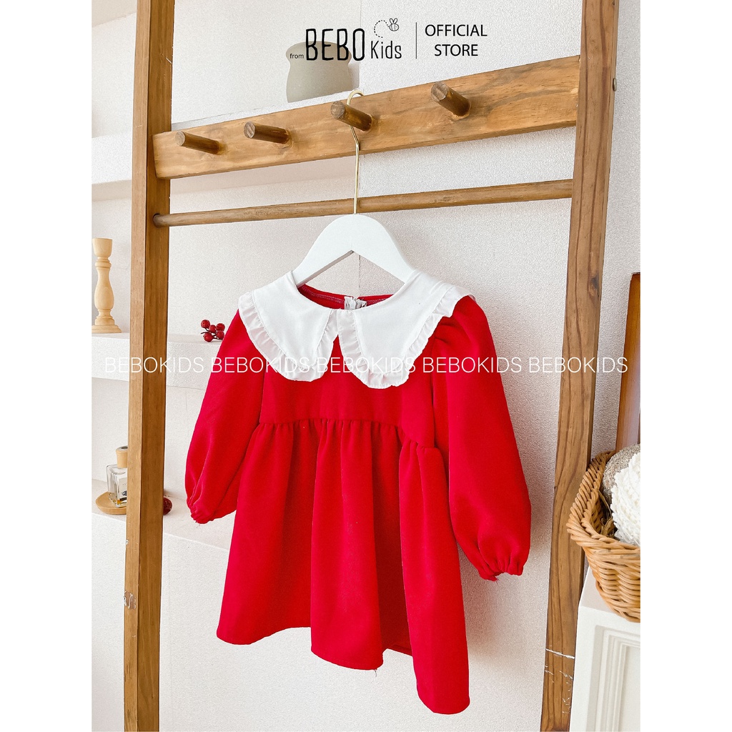 Váy đầm công chúa thiết kế cổ bèo nơ lưng mùa xuân siêu xinh xắn cho bé gái (10-28kg) nhung len đỏ A01