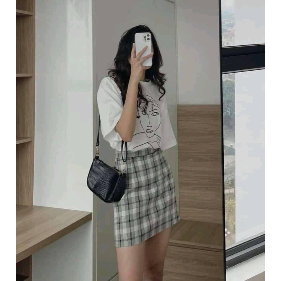 Set Chân Váy Kẻ Caro Kèm Áo Cautio PEONYB Nữ Cô Gái CAMA STORE V 03