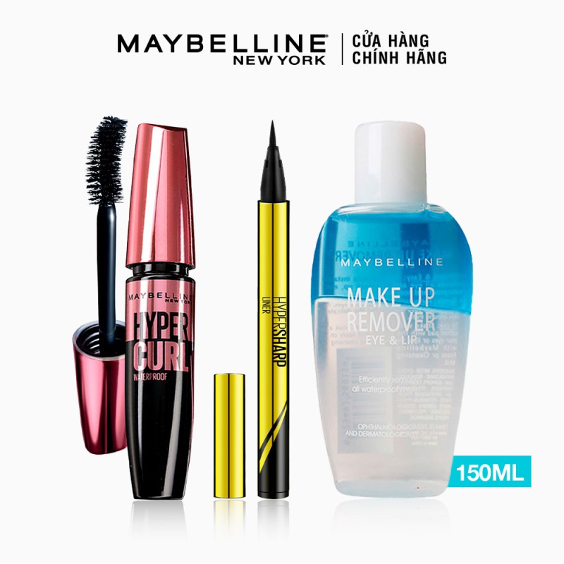 [Bộ trang điểm] Bút kẻ mắt Hyper Sharp 0.5 + Mascara Hyper Curl 0.2ml + Tẩy trang mắt môi 150ml Maybelline New York