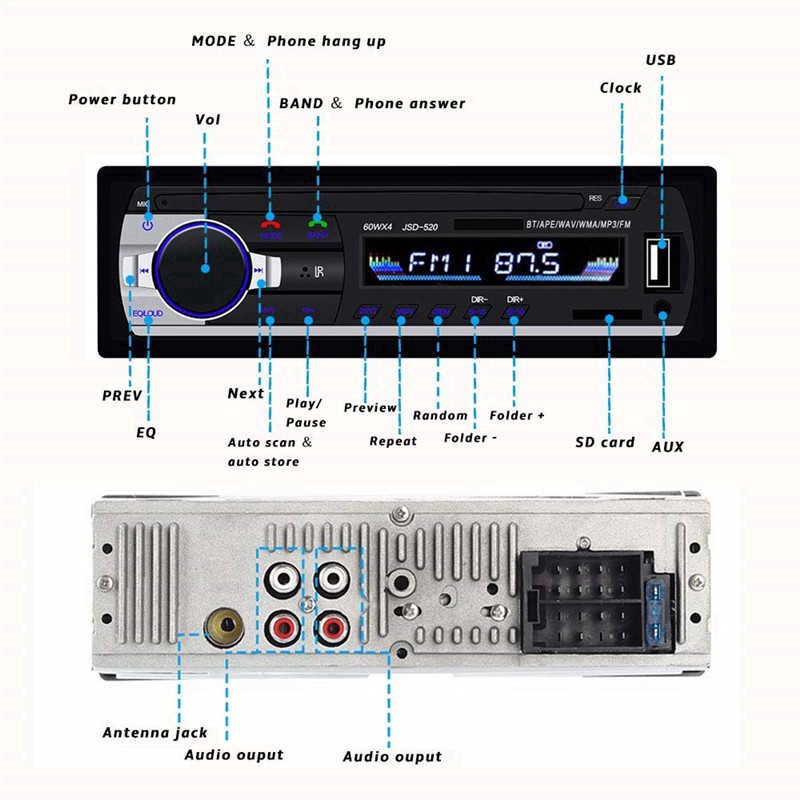 Đầu phát âm thanh nổi trên xe hơi Bluetooth Radio Đầu phát nhạc MP3 FM Radio 12V bluetooth V2.0 JSD-520 Thiết bị đa phương tiện Bluetooth cho xe hơi