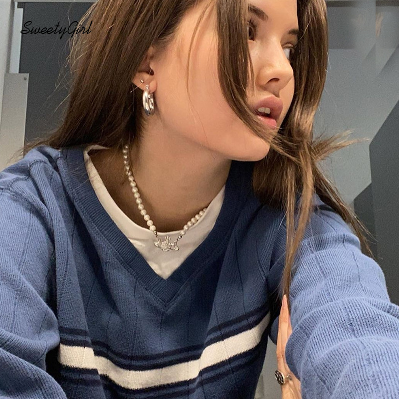 Áo Len Tay Dài Cổ Chữ V Kẻ Sọc Thời Trang Cho Nữ