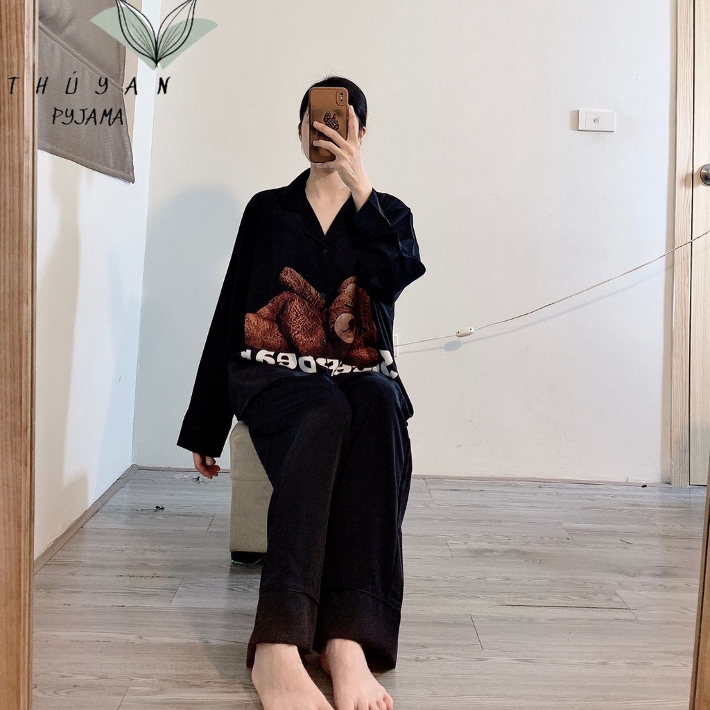Bộ Pijama nữ bigsize gấu nâu tay dài chất lụa Mango ko nhăn dành cho nữ, mẹ bầu 40 - 90kg