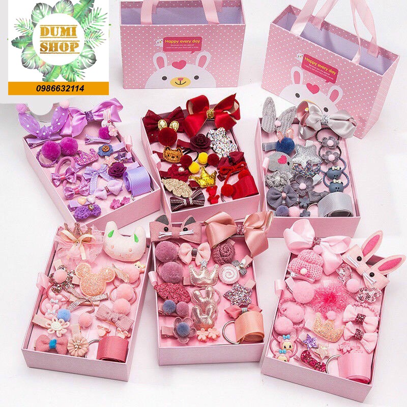 Hộp kẹp tóc - thun cột tóc cho bé 18 chi tiết kèm hộp cực xinh
