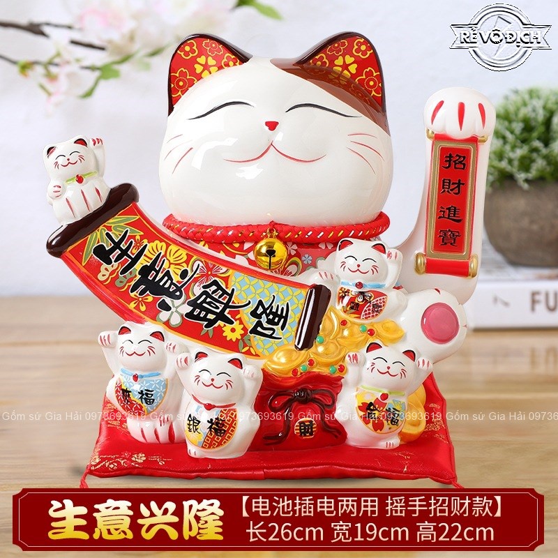 Mèo thần tài vẫy tay dùng được với pin cao 18cm dòng hộp tím