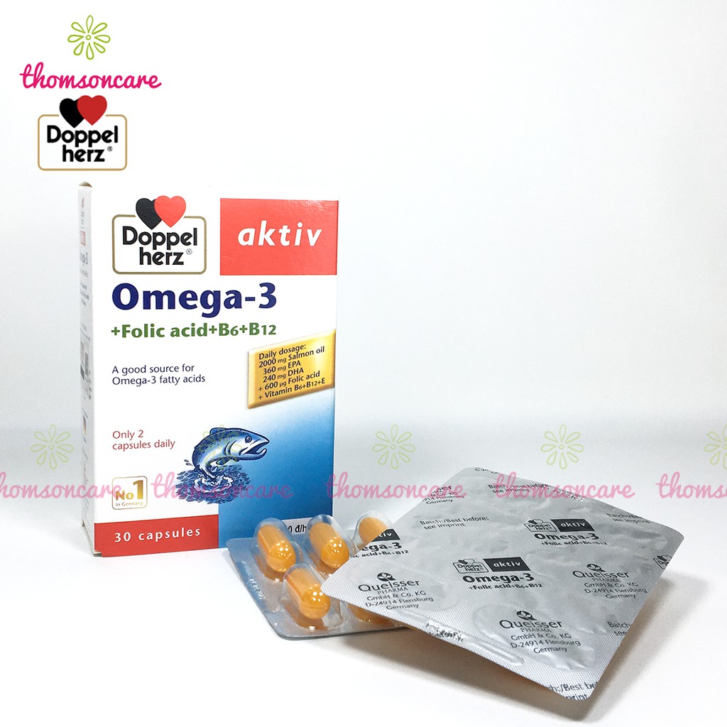 Bổ sung Omega 3 DHA Acid Folic - Nhập khẩu từ Doppel Herz Đức - Aktiv Omega hộp 30 viên từ dầu cá biển