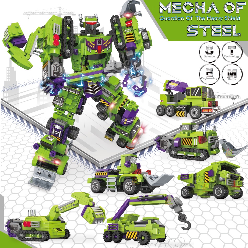 Tương thích 6 trong 1 Xe kỹ sư Biến hình Robot Biến hình xe tải kỹ thuật xe khối xây dựng trẻ em