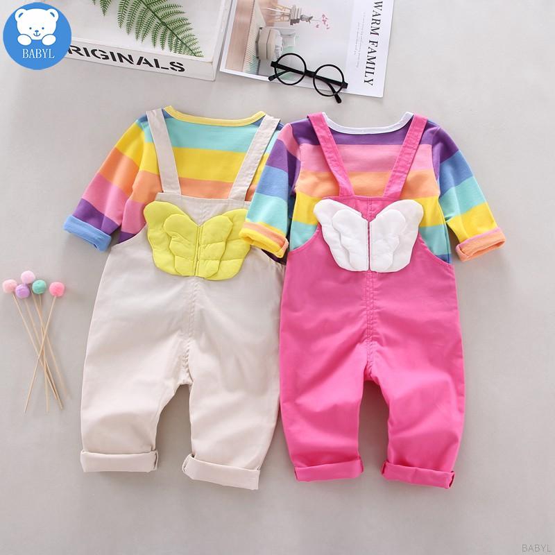 Set áo thun dài tay cổ tròn + Quần yếm đáng yêu cho bé gái