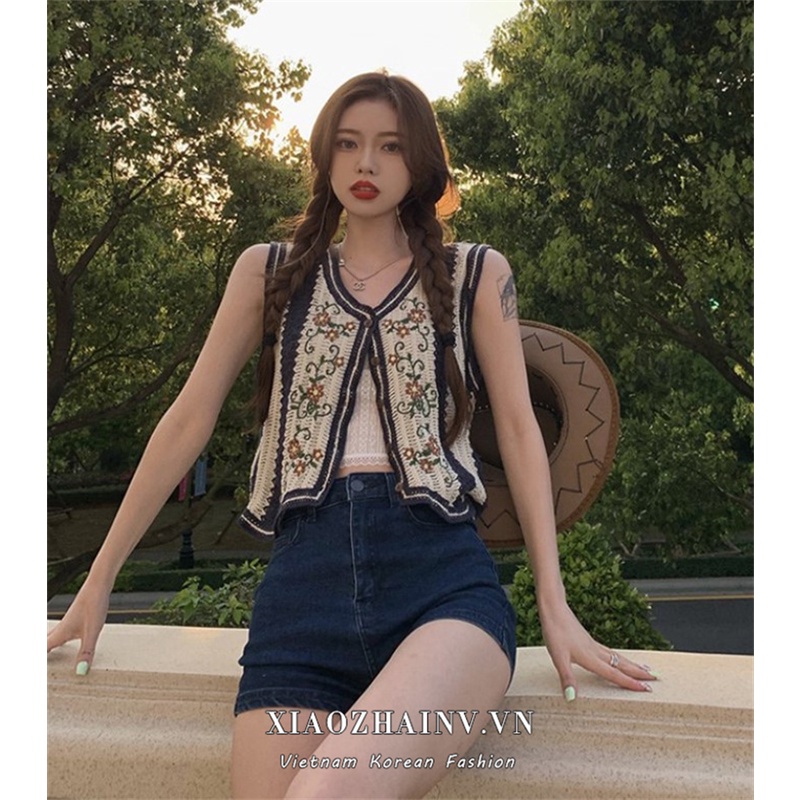 Áo kiểu XIAOZHAINV vải dệt kim mỏng không tay dáng rộng kiểu retro xinh xắn cho nữ