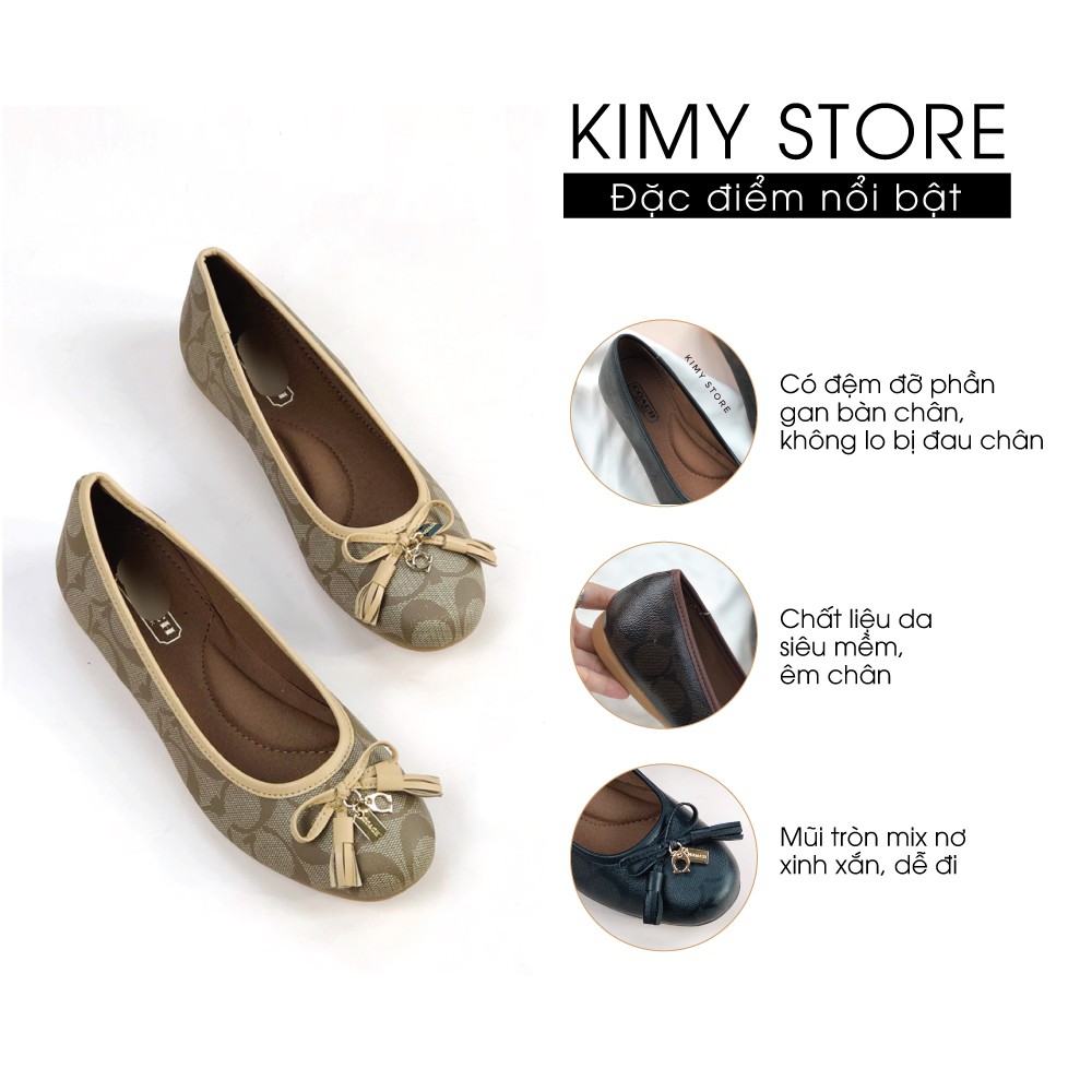 Giày bệt nữ hoạ tiết chữ C - Giày búp bê nữ mũi tròn mix nơ chuông-Đế bẻ cong | BigBuy360 - bigbuy360.vn