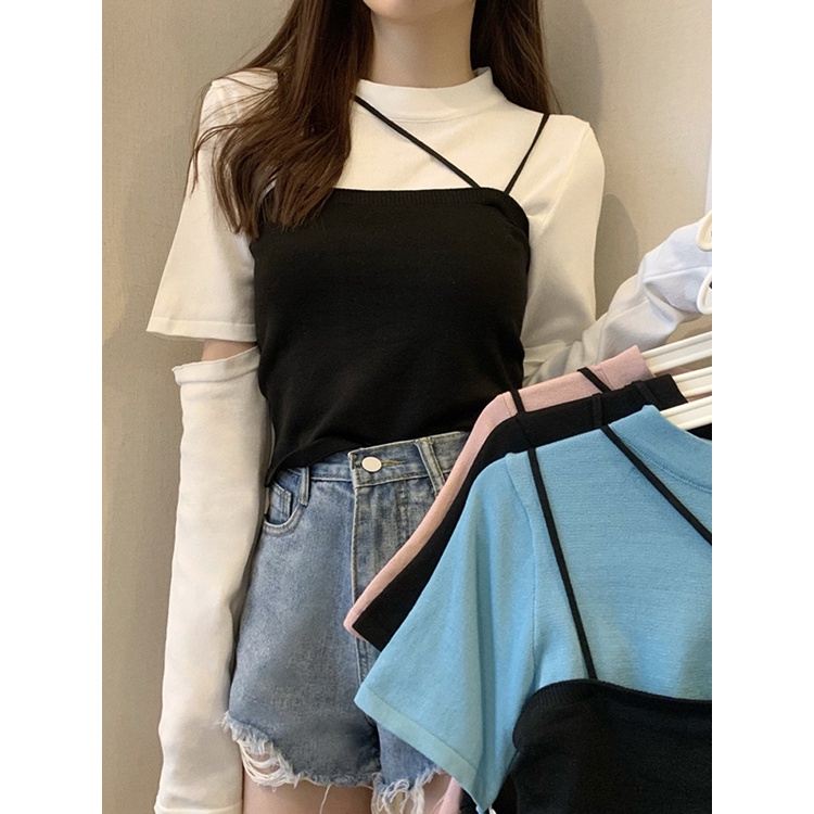 Set áo thun mùa thu hở khuỷu tay+ Áo len hai dây đan chéo cổ style cá tính Hàn Quốc