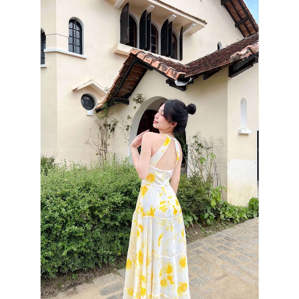 ĐẦM Hoa Vàng Form Tiệc Cổ Yếm Lưng Khoét Quyến Rũ BEM STUDIO