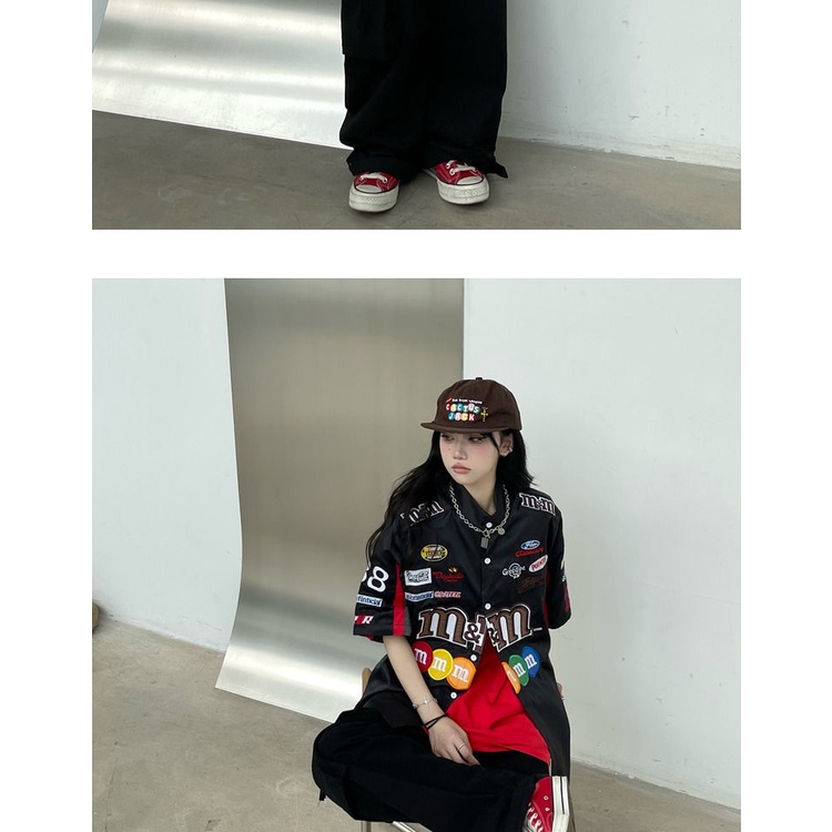 Áo thun tay ngắn dáng rộng in họa tiết M bean đường phố Mỹ cổ điển cho nam và nữ