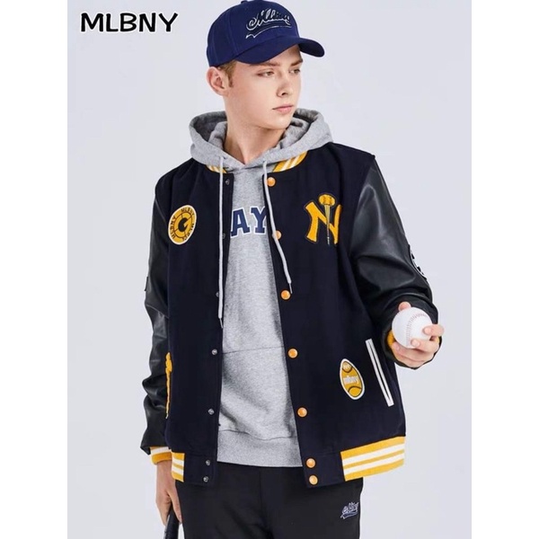 [CHÍNH HÃNG] ÁO KHOÁC MLBNY BÓNG CHÀY FULL DA MÀU ĐEN - ÁO BOMBER THỂ THAO - UNISEX NAM NỮ