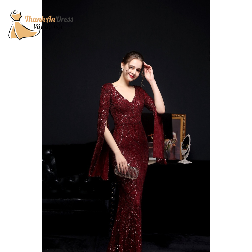 Đầm body tay xẻ thêu kim sa họa tiết sang chảnh