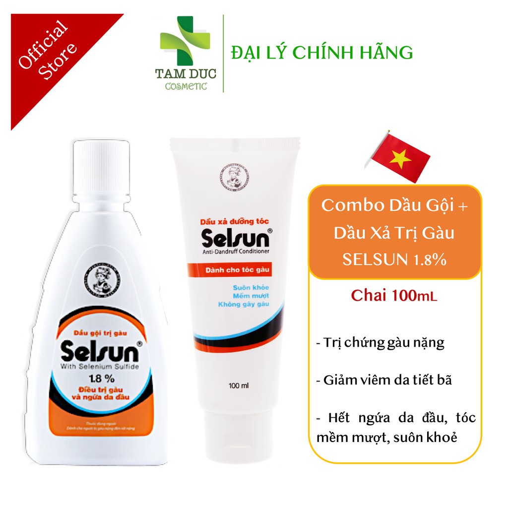 Combo Dầu Gội SELSUN 1.8% + Dầu Xả SELSUN Chai 100ml Giúp giảm ngứa sạch gàu nấm da đầu chính hãng