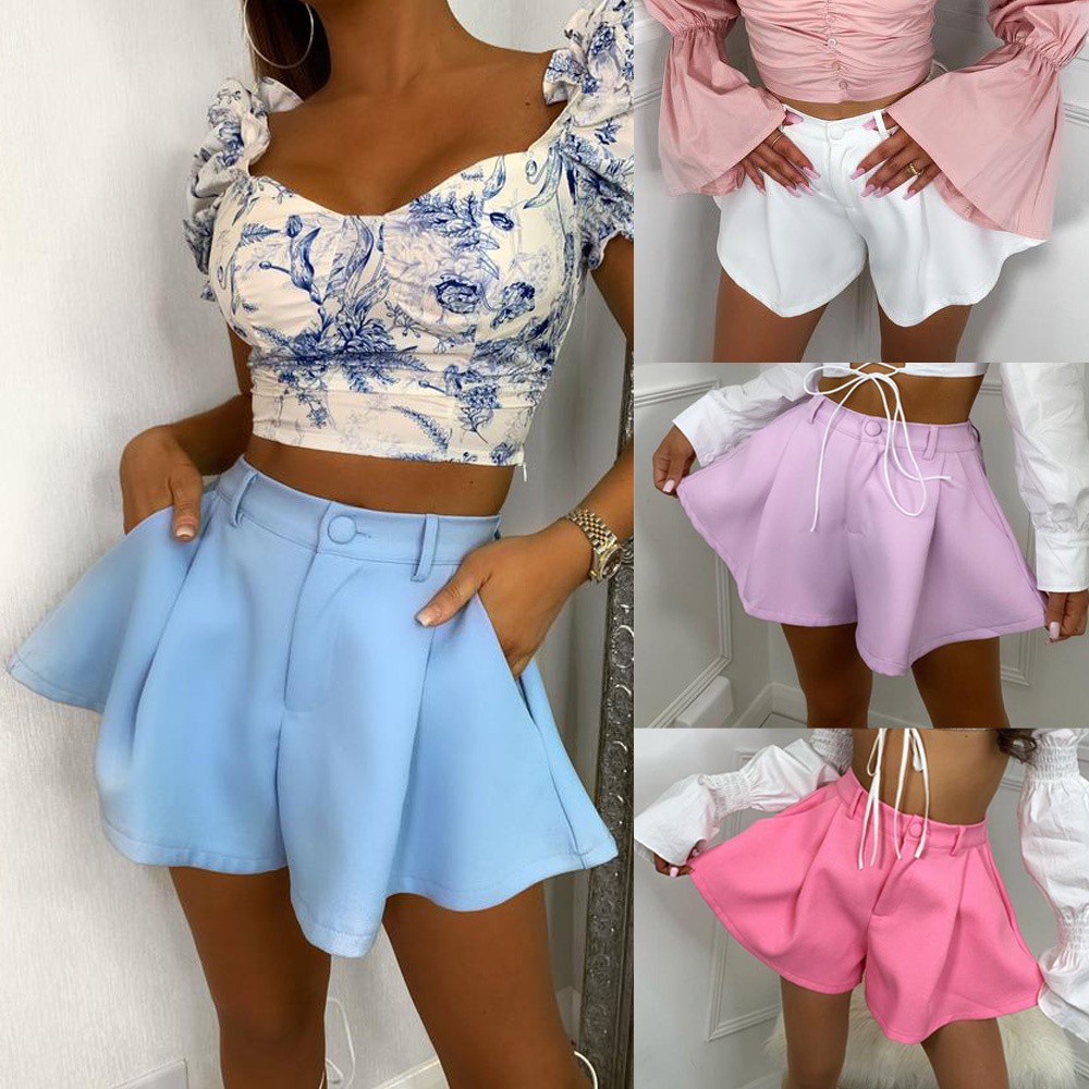 Quần Short Lưng Cao Ống Loe Màu Sắc Trơn Có Túi Thời Trang Mùa Hè Cho Nữ 4 Màu