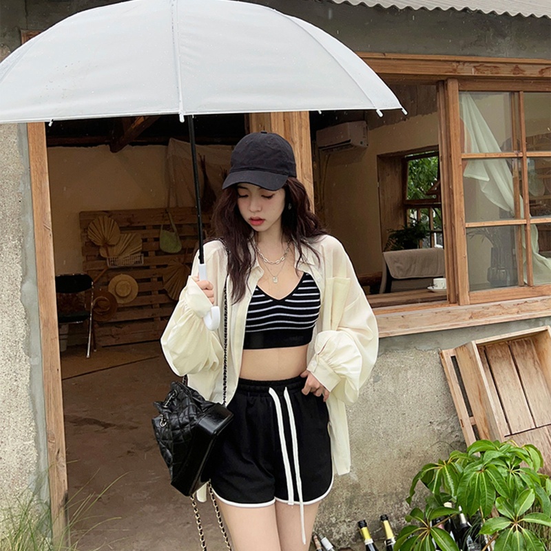 Áo Croptop Dệt Kim Hai Dây Cổ V Kẻ Sọc Thời Trang Cho Nữ