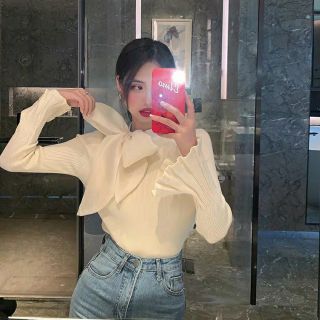 (SẴN) Áo len tay loe nơ cổ