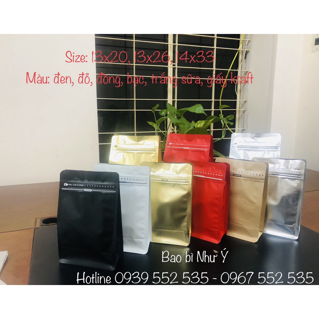 Túi zipper 8 cạnh đáy đứng, dùng đựng cafe, bột...Màu đỏ, bạc, đồng, giấy, đen, trắng sữa