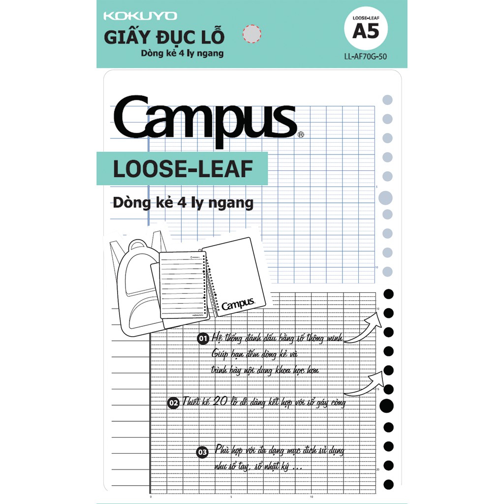 Set 50 Giấy Refill Thay Lõi Cho Còng Binder Campus Loose Leaf Khổ A5 Cây Đầu To