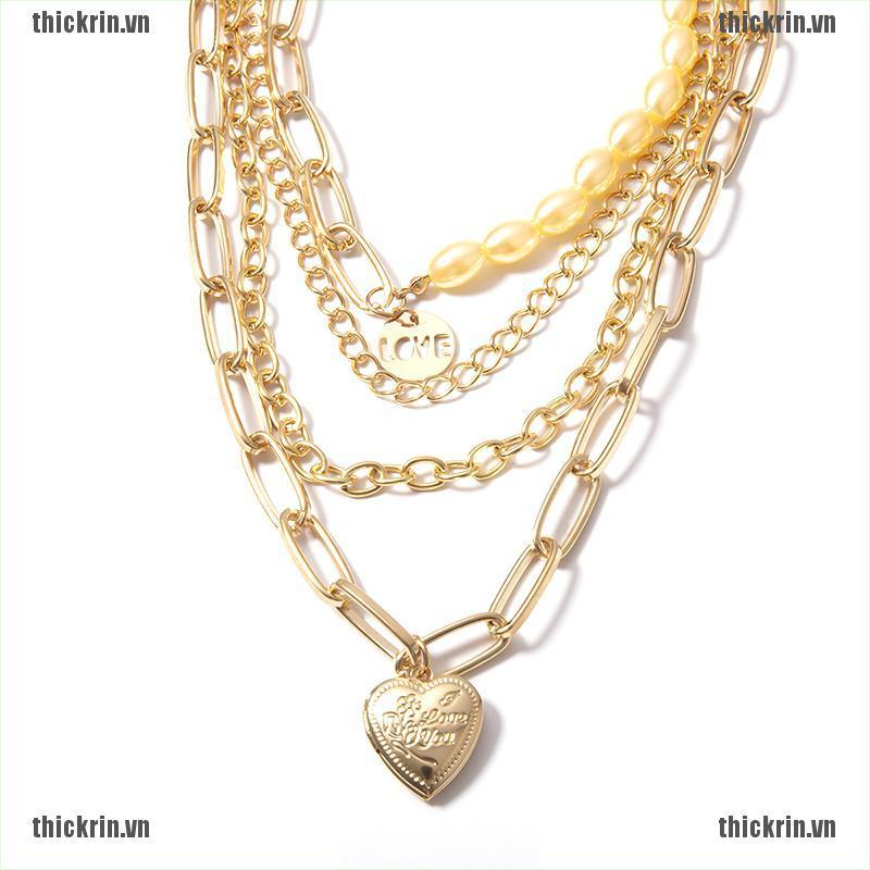 <Hot~new>Pearl Hip Hop Love Heart Photo Locket Pendant Necklace Punk Layered Chain Women