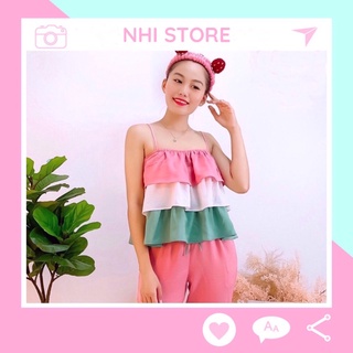 Bộ Mặc Nhà NHISTORE Quần Lửng Áo Hai Dây Bèo 3 Tầng Phối Màu Freesize 57kg