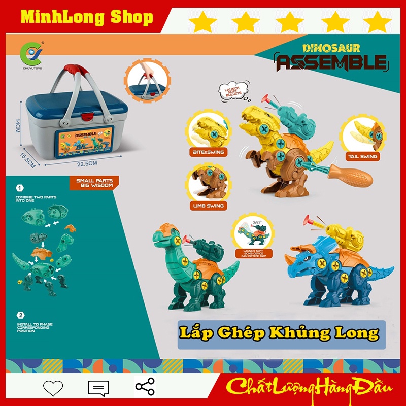 Đồ chơi lắp ráp Khủng Long, bộ 3 khủng long lắp ghép kèm Tuavit .Phát triển tư duy, sáng tạo cho Bé.