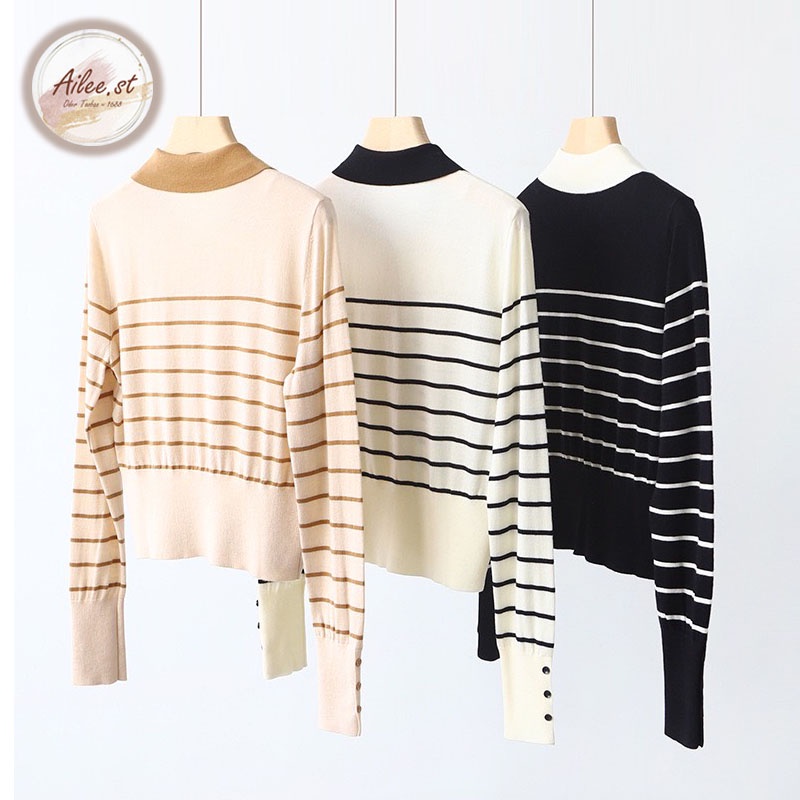 Áo Len Dài Tay Polo Cổ Bẻ Cardigan Croptop Kẻ Bo Gấu Phối Cúc Kẻ Ngang Phong Cách Hàn Quốc Ailee AO NU 005A3