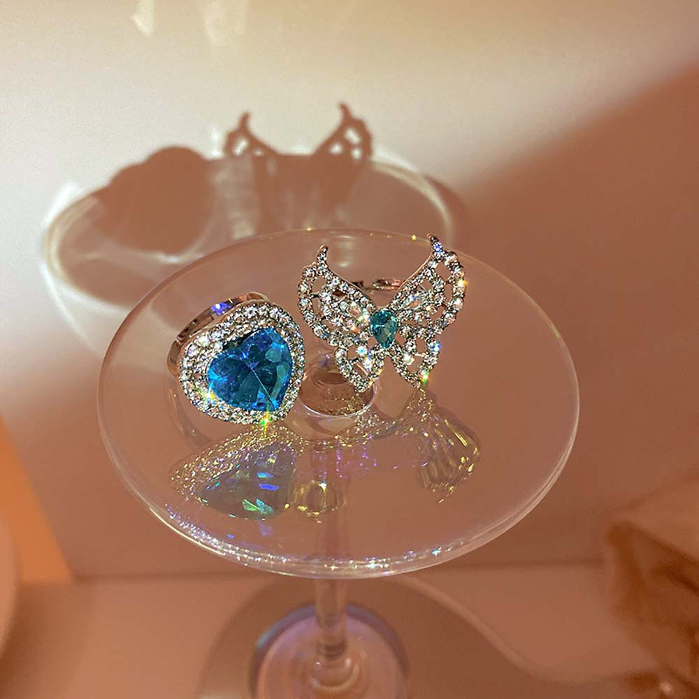 Nhẫn Dạng Mở Hình Bướm Đính Đá Zircon Màu Xanh Dương Bằng Hợp Kim Đơn Giản Có Thể Điều Chỉnh Phong Cách Hàn Quốc