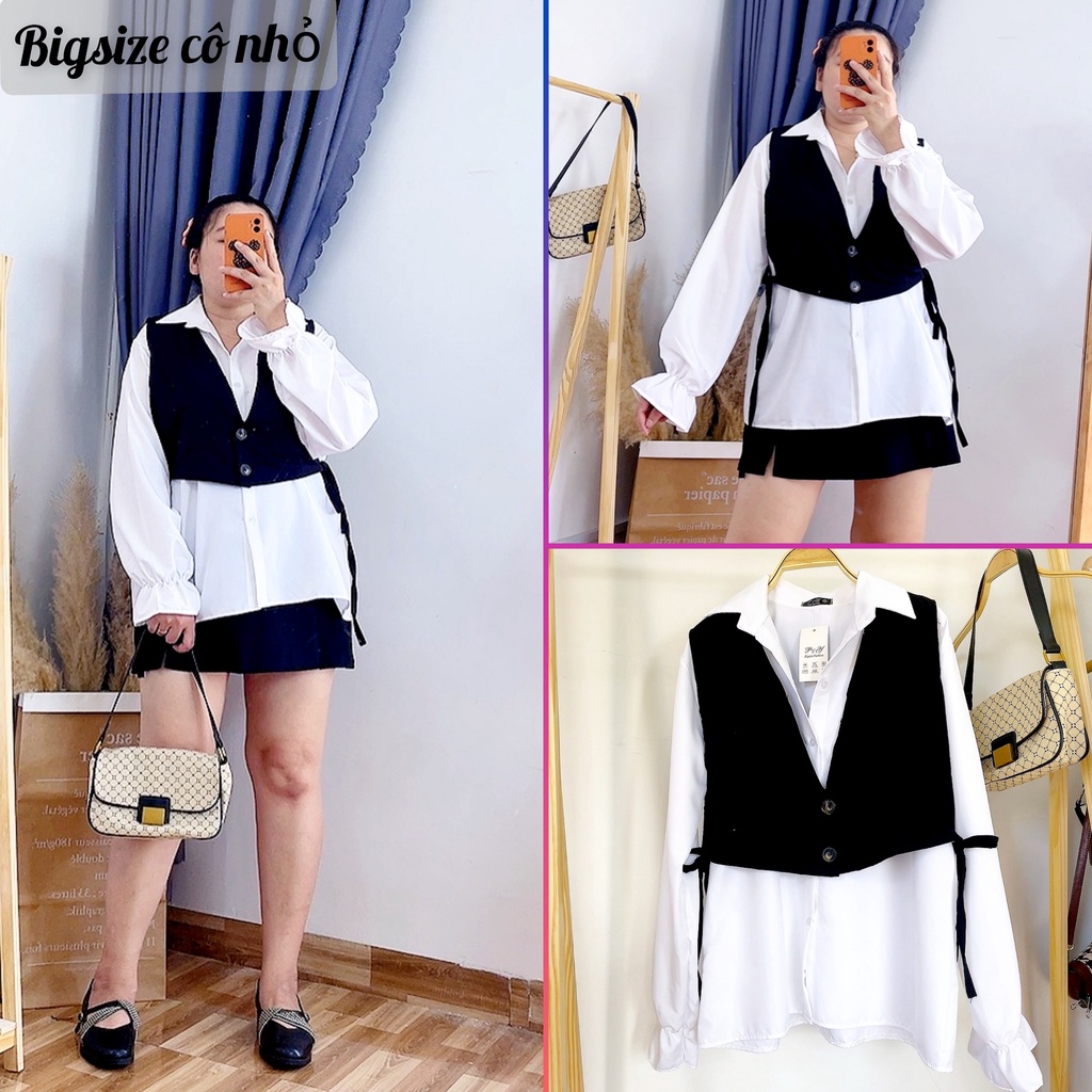Set áo gile sơ mi cặp bigsize nữ trắng đen tách rời 60-92kg SMC