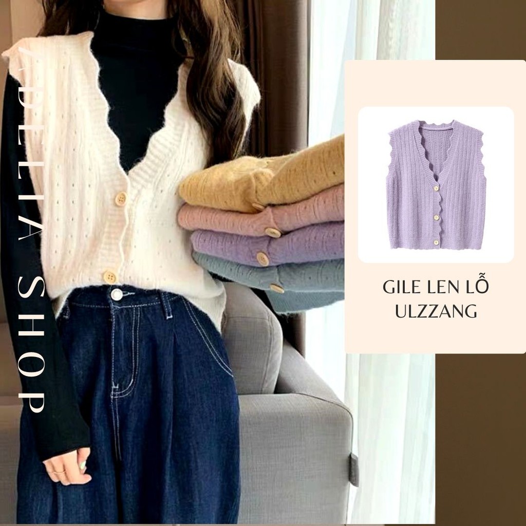 Gile Len | Áo Gile Len Nữ Ulzzang Cài Cúc Màu Trơn Thiết Kế Viền Lượn Sóng Dễ Thương Dành Cho Nữ, Chất Mịn