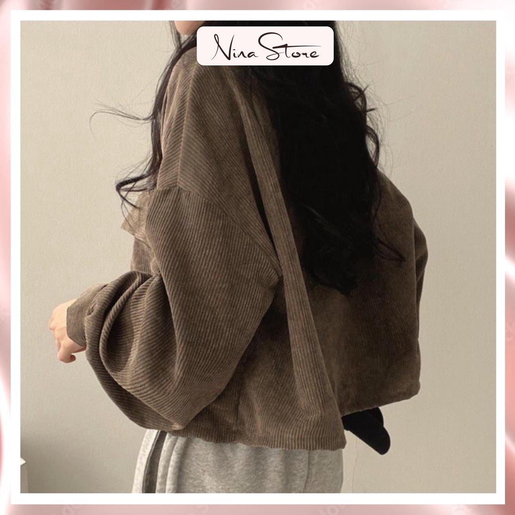 Áo sơ mi nhung nữ croptop tay phồng áo nhung dáng lỡ dài tay dáng rộng hàn quốc NinaStore