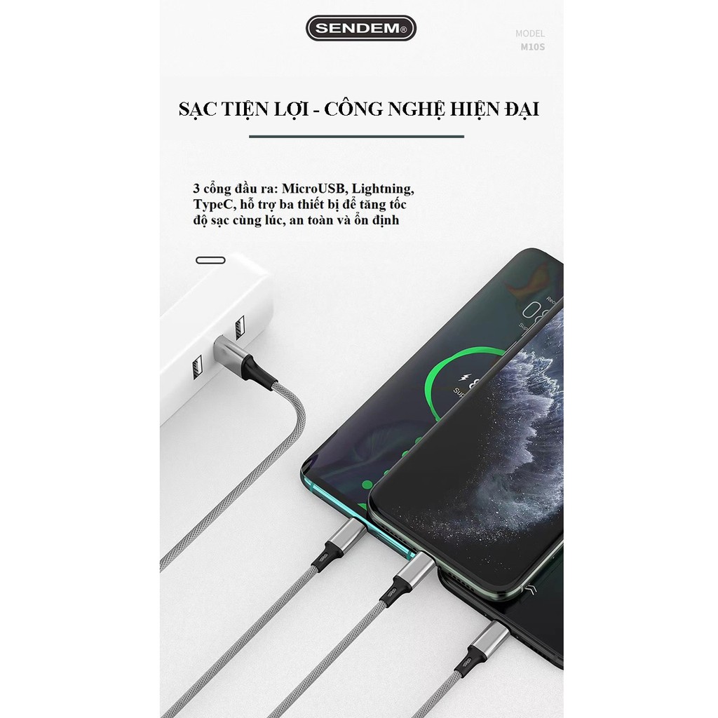 Cáp sạc 3 đầu M10s chính hãng SENDEM - Dây sạc 3 chân iPhone, Micro, Type C siêu bền - Bảo hành 12 tháng