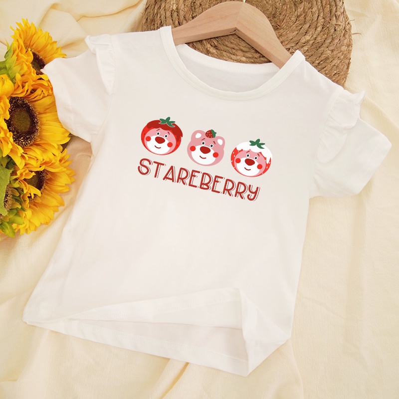 Áo Thun 100% Cotton Mềm In Hình Gấu Lotso Straberry Thời Trang Dành Cho Bé Gái