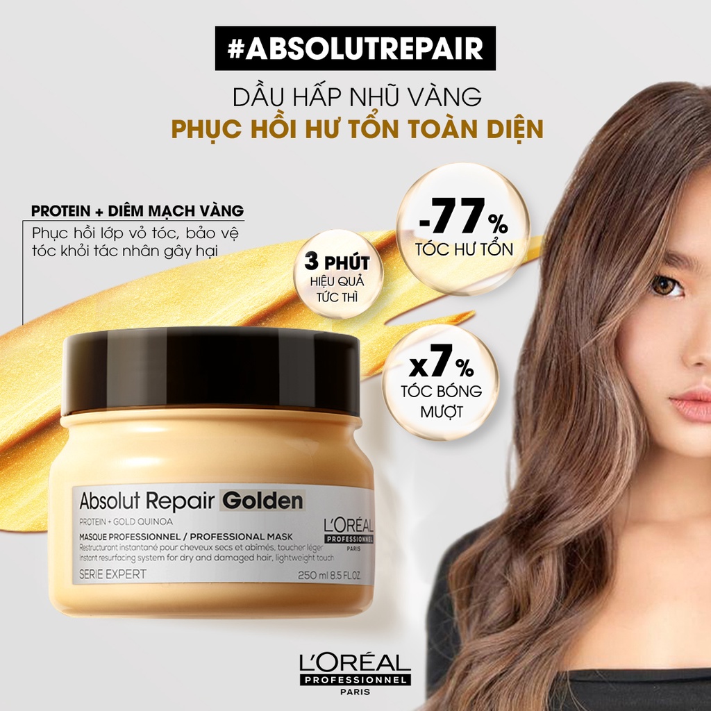 Dầu hấp nhũ vàng phục hồi tóc hư tổn L’Oréal Absolut Repair Golden 500ml