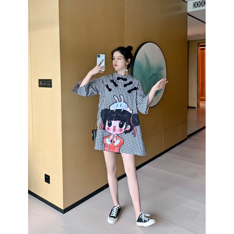 Sườn Xám Caro Hoạt Hình Dáng Suông Rộng | BigBuy360 - bigbuy360.vn