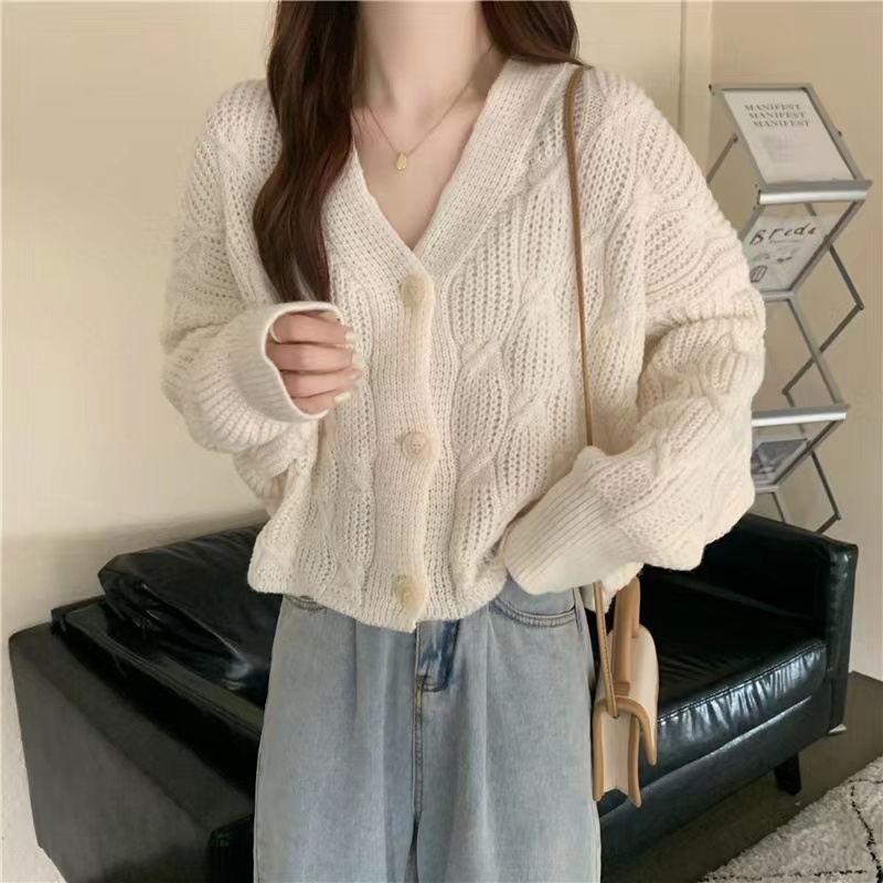 Áo Khoác cardigan Dệt Kim Cổ Chữ V Dáng Rộng Phong Cách retro Nhật Bản Thời Trang